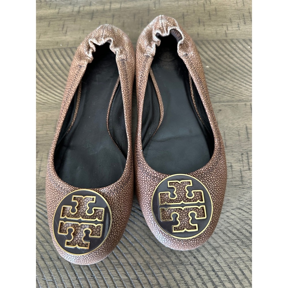 Tory Burch Reva Minnie Ballet Flats Taupe/Mushroom Pearlized Stingray Leather 9
